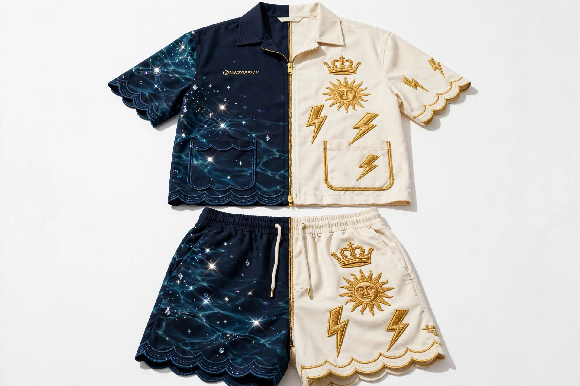 Aquarium Split summer set — split-panel zip shirt and shorts, deep-water side with diamond sparkles and wave hem against a cream side with gold crown-sun and lightning