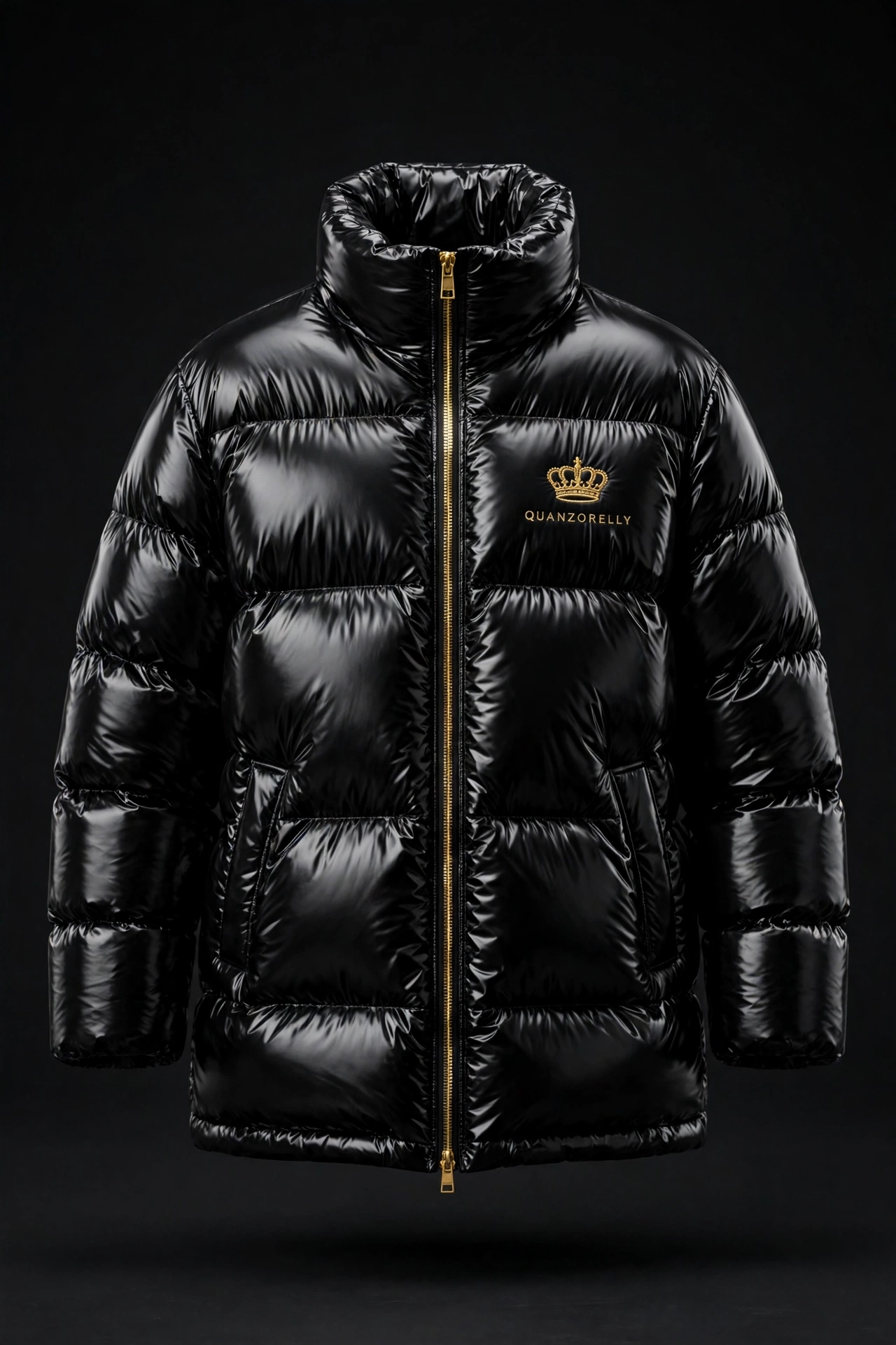 Bubble coat — black puffer bubble coat with QuanZoRelly crown branding