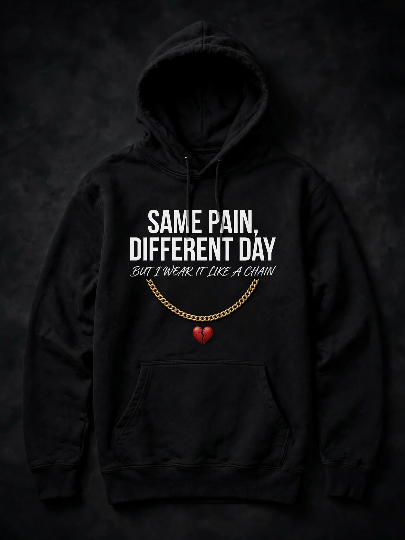 Wear It Like a Chain hoodie — hoodie printed with the Same Pain hook and a gold chain over the cracked heart