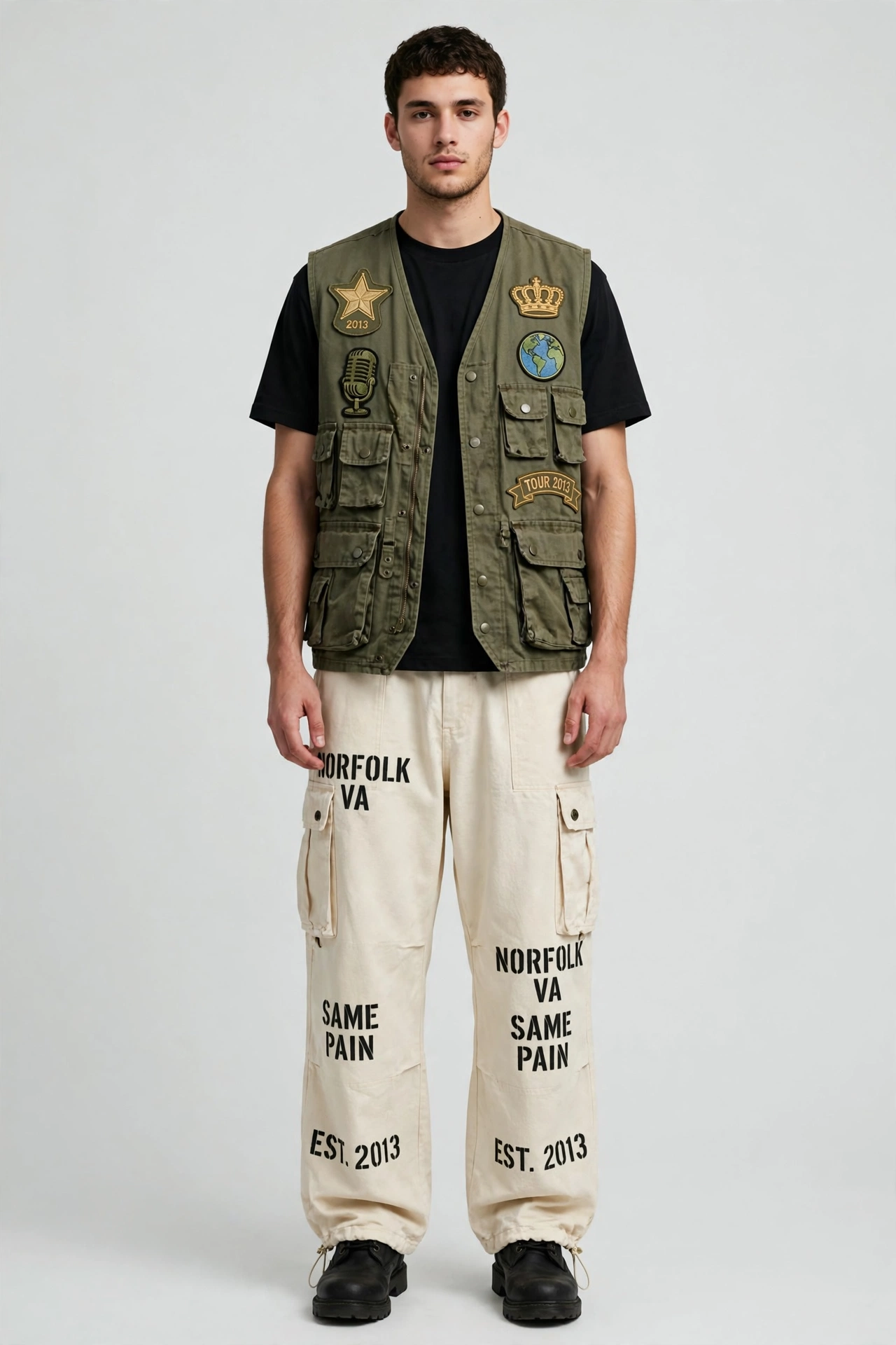 Chapter Vest utility set — olive workwear utility vest covered in embroidered chapter patches over a black tee, with cream baggy cargo pants stenciled NORFOLK VA / SAME PAIN / EST. 2013 down the legs