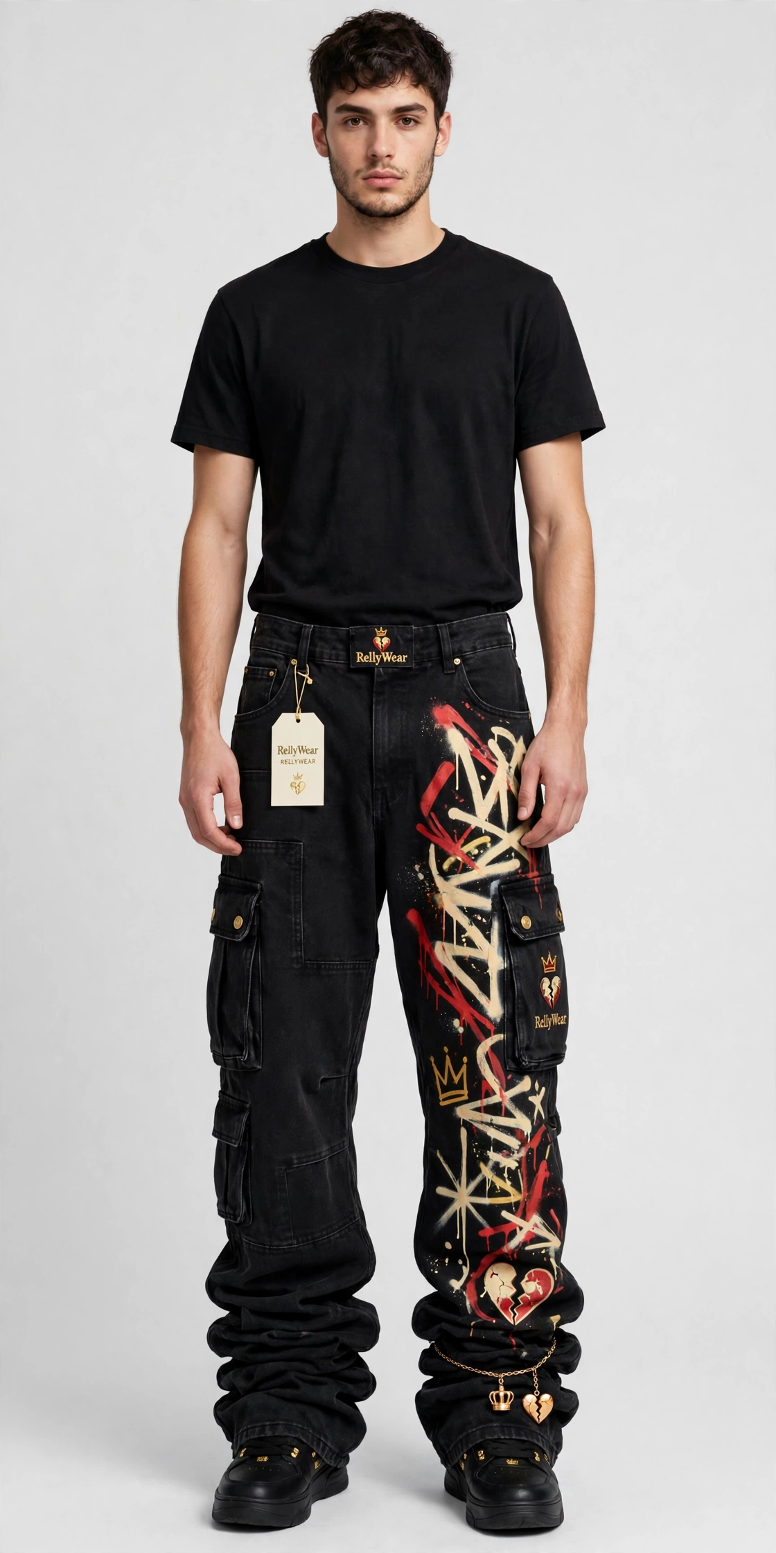 Charm Stack Cargos — black stacked cargo jeans with graffiti down one leg and a gold chain at the ankle carrying tiny crown and cracked-heart charms