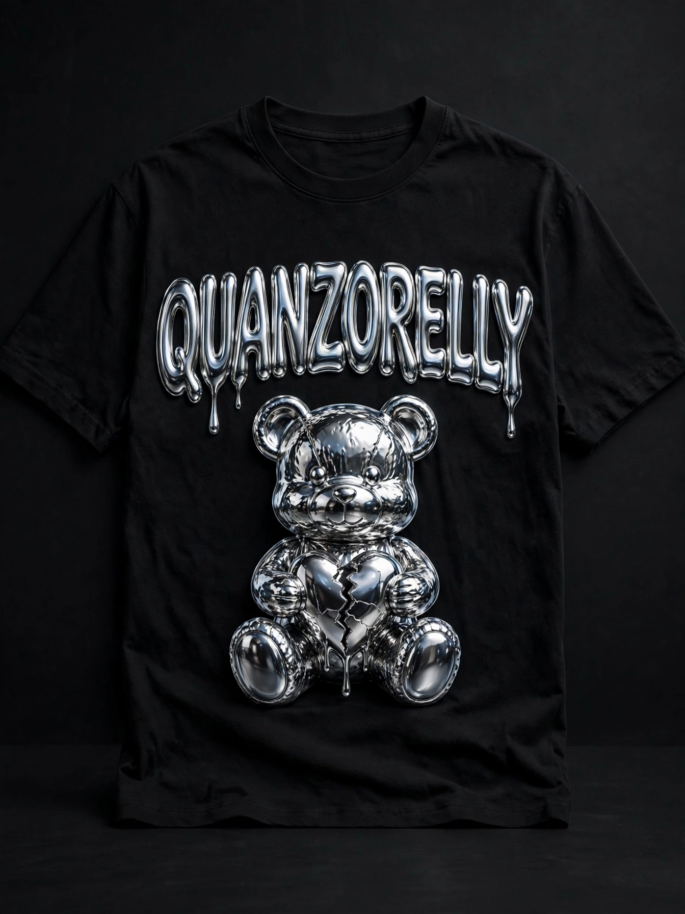 Chrome tee — tee with QuanZoRelly lettering dripping in liquid chrome over a chrome bear