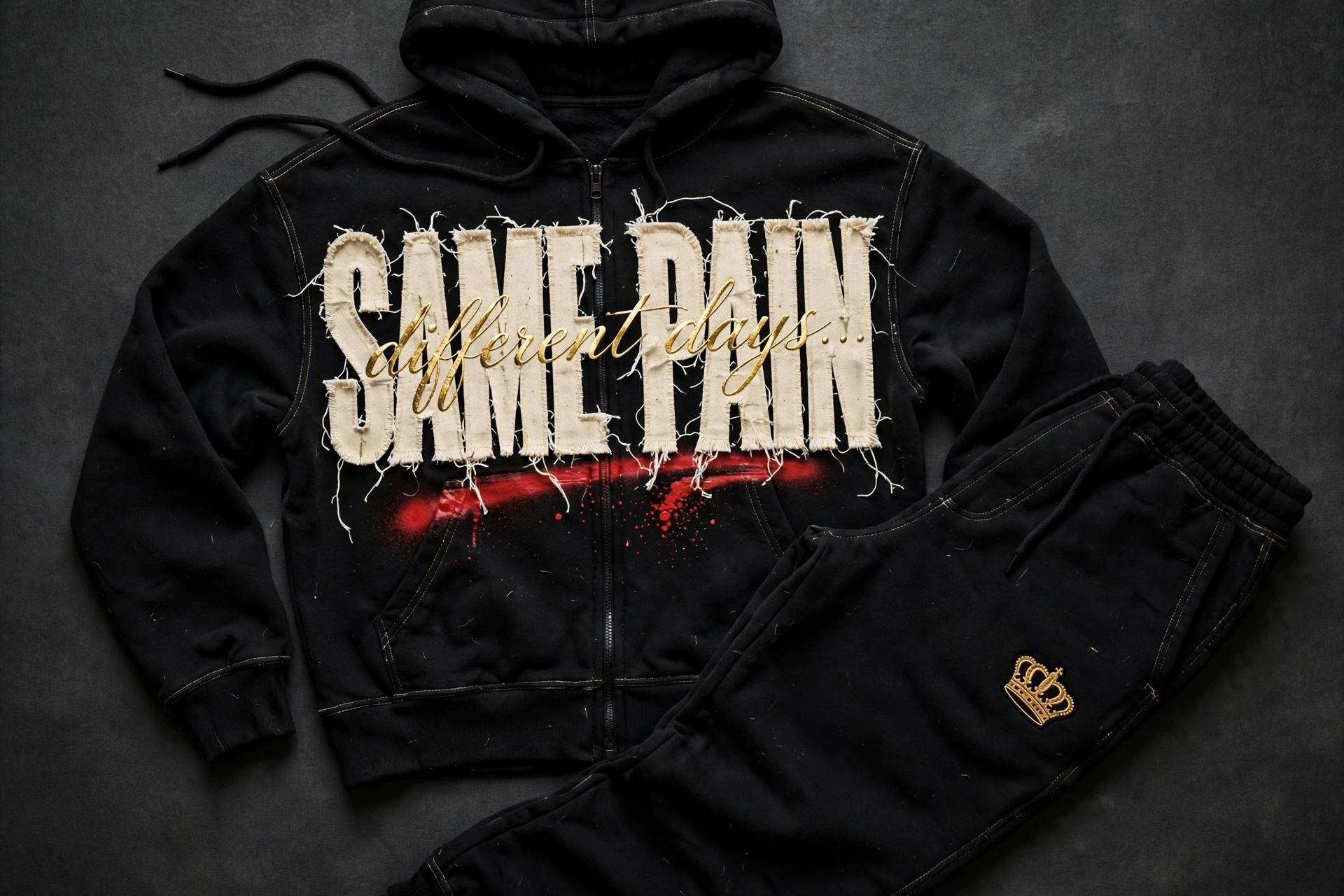 Different Days appliqué set — black zip hoodie and sweatpants with giant frayed cream SAME PAIN appliqué letters, gold script overlay, and a gold crown thigh patch