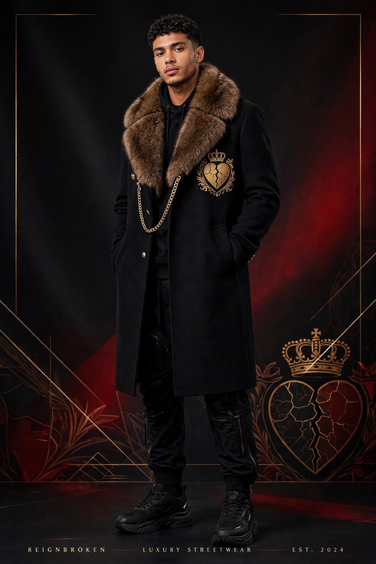 Fur-Collar Signature Coat — long black wool coat with a wide brown fur collar, gold chain detail and a gold crown-over-cracked-heart crest embroidered on the chest