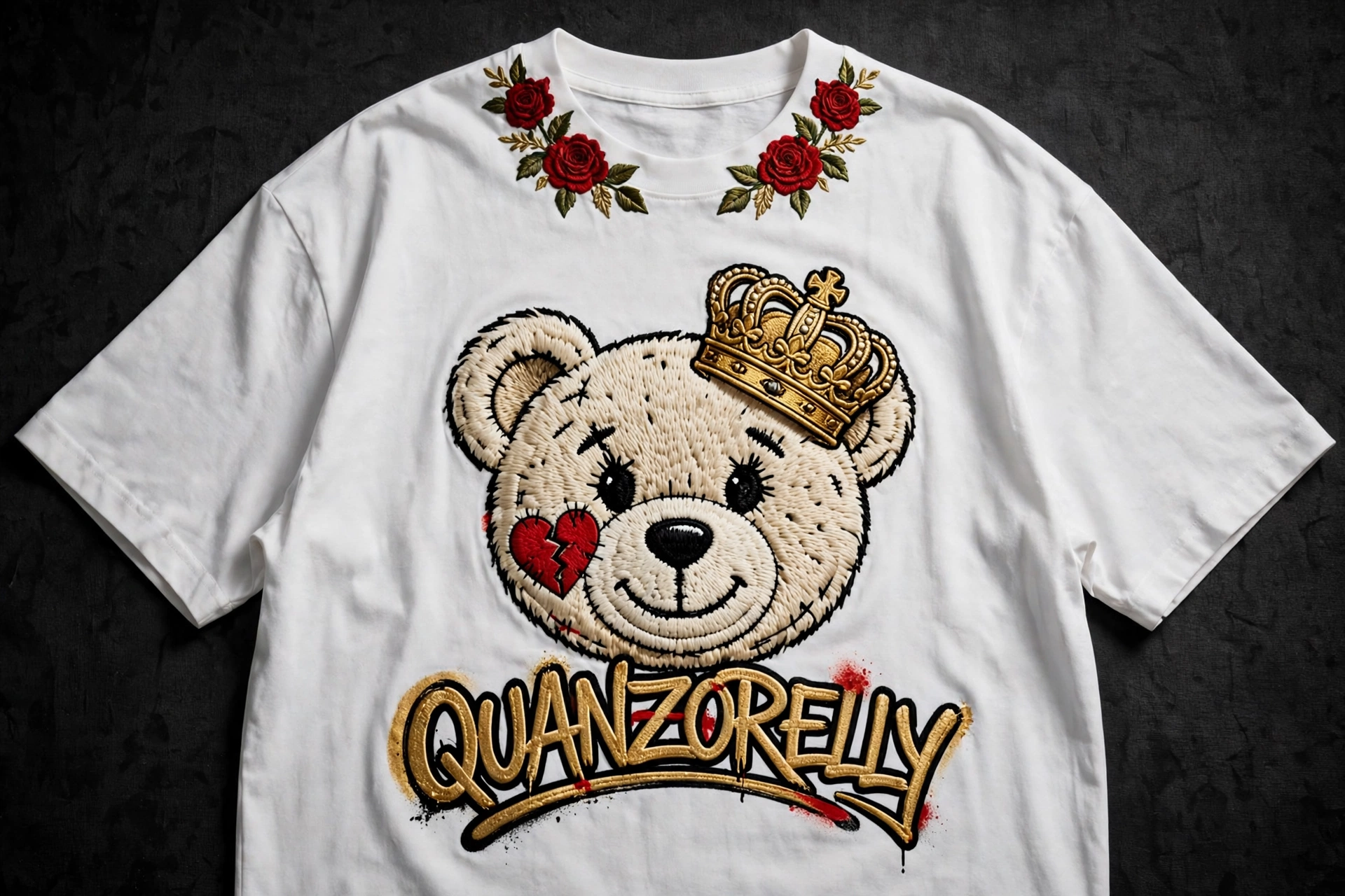 Teddy Face tee — white oversized tee with one giant stitched teddy-face graphic, tilted gold crown, cracked-heart cheek patch and gold graffiti QUANZORELLY underneath