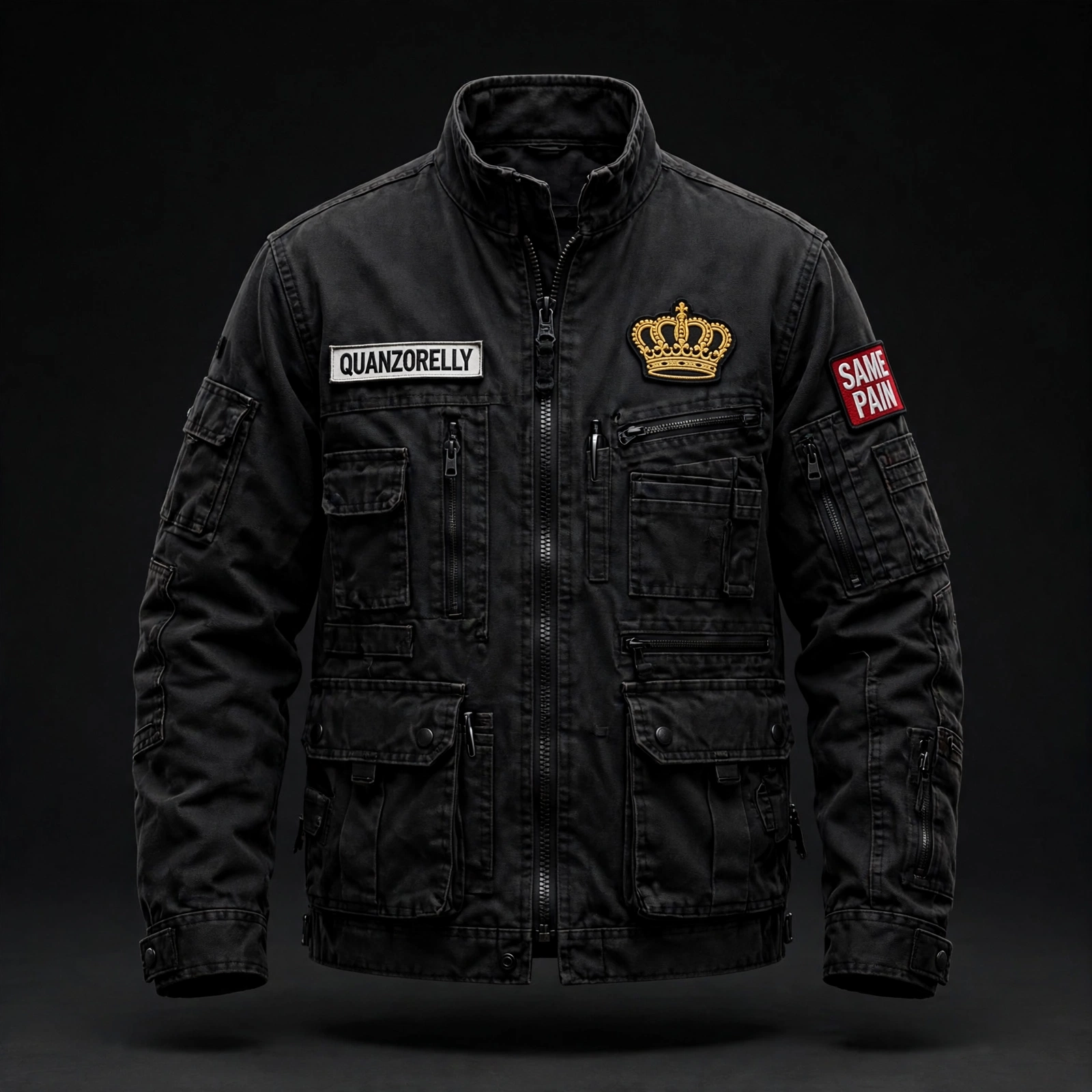 Utility jacket — workwear-style jacket with a name tape, crown patch, and SAME PAIN printed down the sleeve