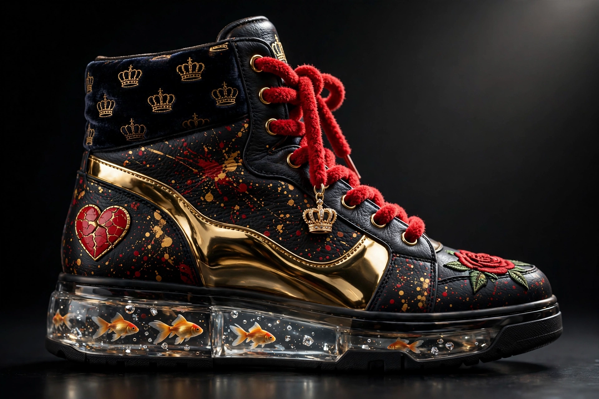 Zofe Z's Ultimate Mash-Up high-tops — black original sneakers with a liquid-gold chrome wave panel, red and gold splatter, a velvet crown-monogram collar, fuzzy red rope laces with a gold crown charm, a cracked-heart heel badge, a rose embroidered on the toe, and goldfish swimming with diamonds inside a clear aquarium sole