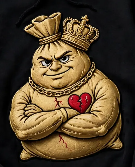 Moneybagz Zo — QuanZoRelly's crowned money-bag character: a gold money bag with a tilted crown and a chain, arms crossed over a cracked red heart